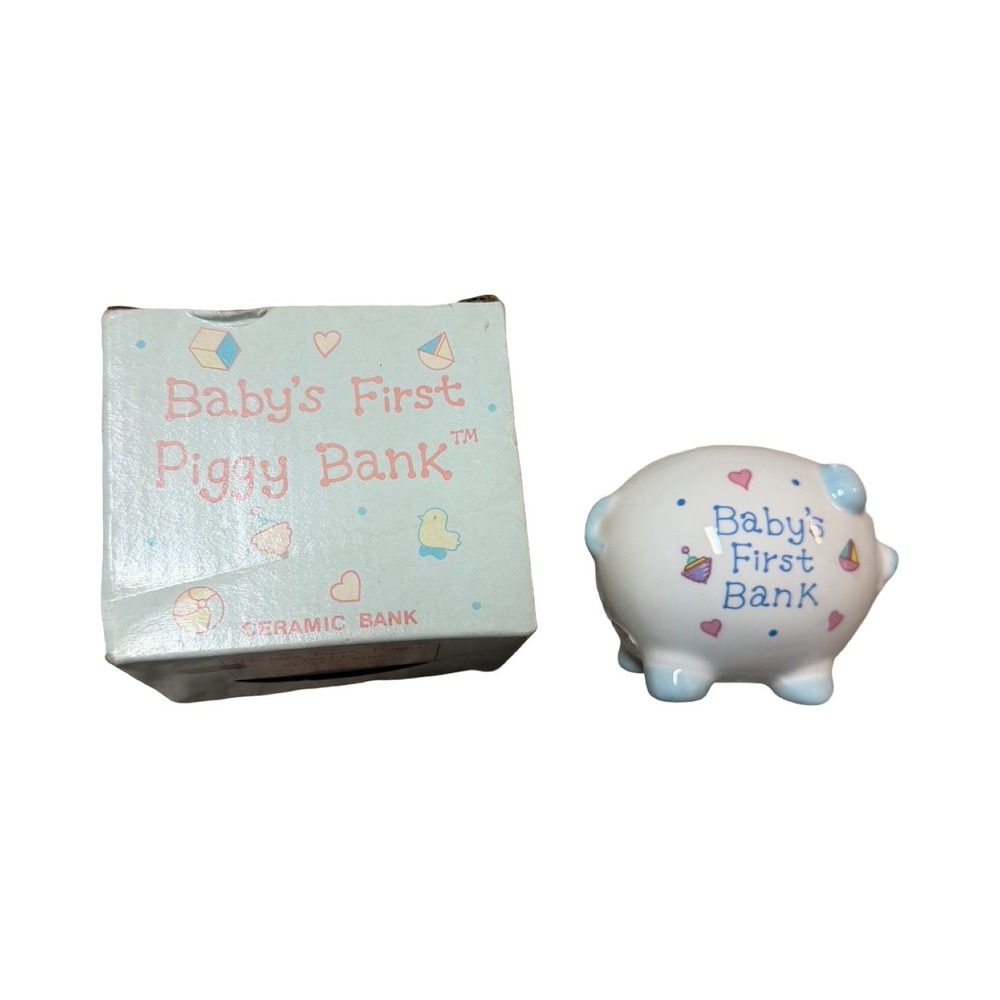 Russ Berrie Babys First Piggy Bank Ceramic Vintage 15611 Original Box